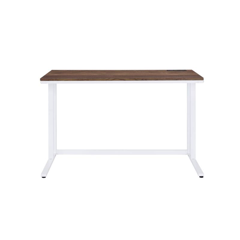 Wood Rectangular Writing Desk with USB Port, Metal Base - Brown-White
