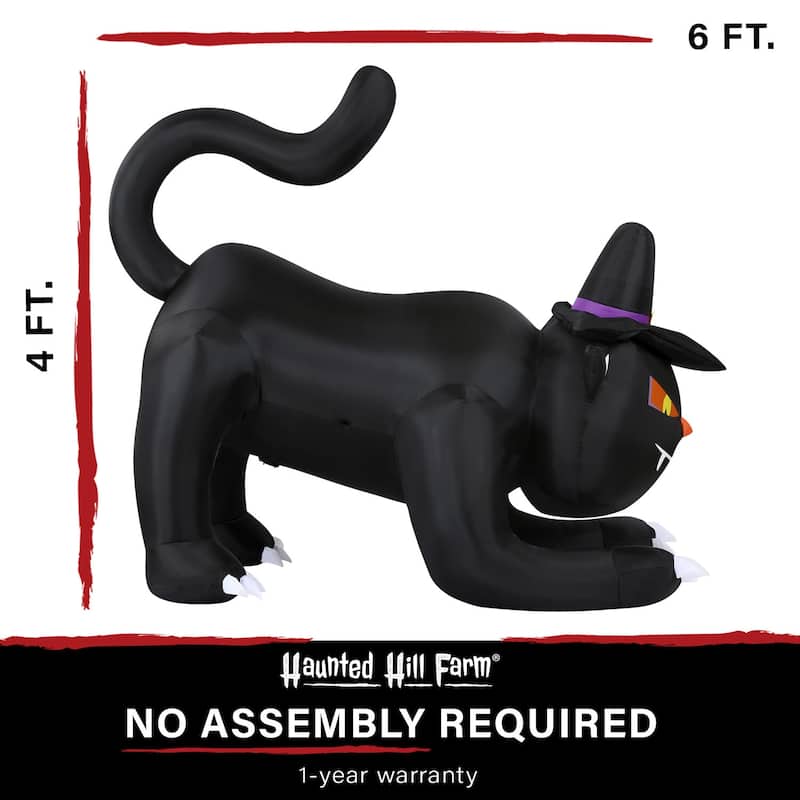 Haunted Hill Farm 6-ft. Wide Prelit Inflatable Black Cat with Witch Hat