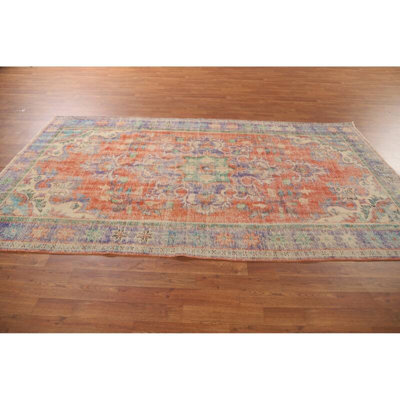 Distressed Orange Sparta Turkish Vintage Area Rug Handmade Wool Carpet - 5'4" x 9'3"