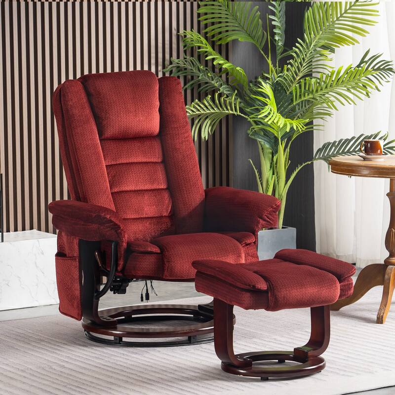 Mcombo Recliner Chair with Ottoman, Fabric Massage Swivel Chair - Burgundy