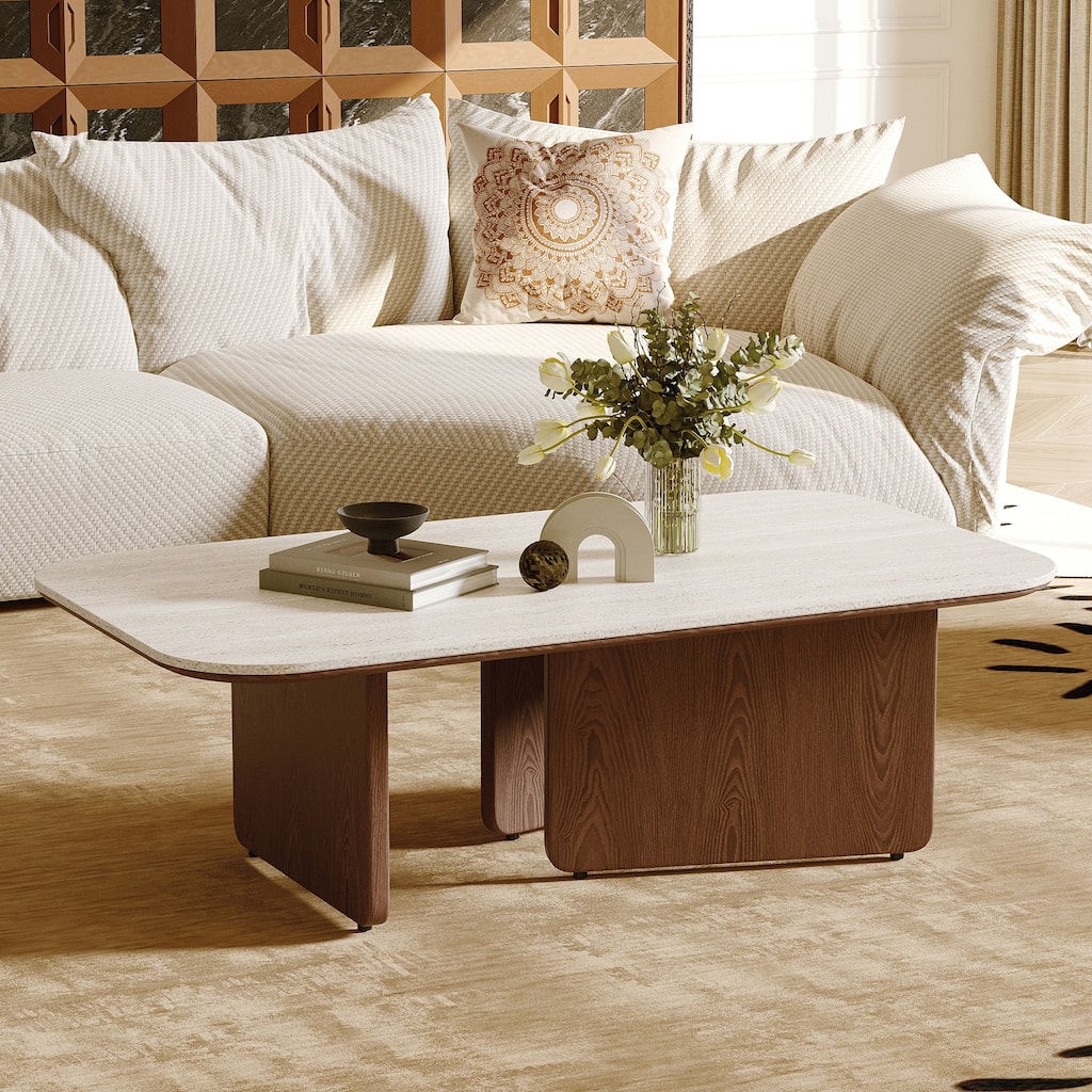 Mid Century 51.18" Coffee Table, Beige Sintered Stone Table Top, 3 Solid Wood Legs, Brown