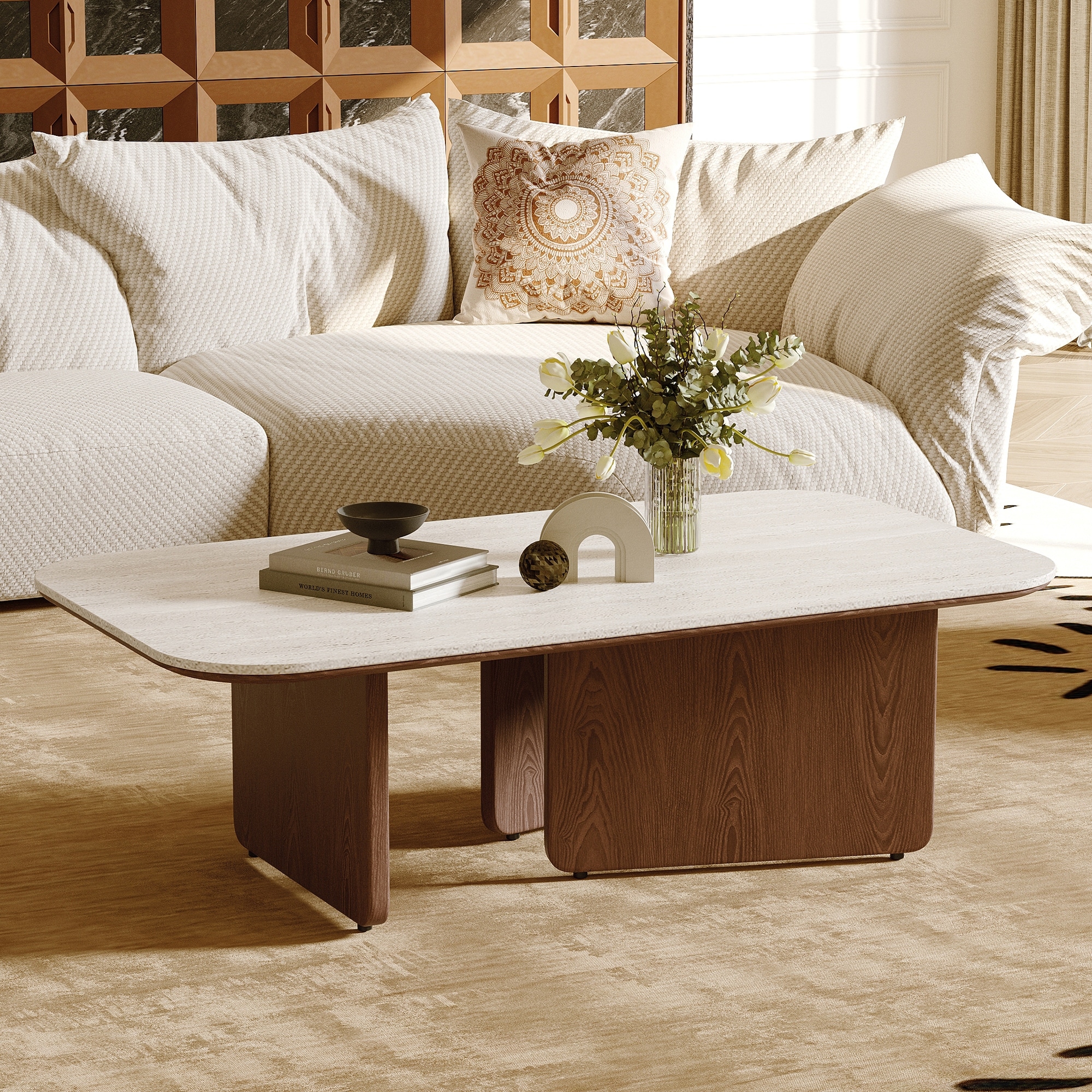 Mid Century 51" Coffee Table, Beige Sintered Stone Table Top, 3 Solid Wood Legs, Brown