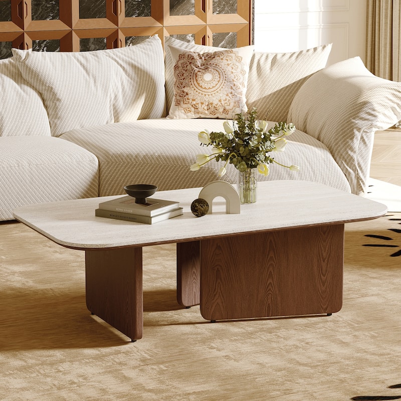 Mid Century 51.18" Coffee Table, Beige Sintered Stone Table Top, 3 Solid Wood Legs, Brown - Brown