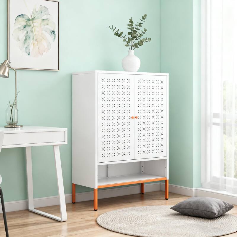 Anmytek Grid Double Door Shoe Cabinet with Adjustable Shelves & Hollow Shoe Storage, 15cm Moisture-Proof High Foot Design - White