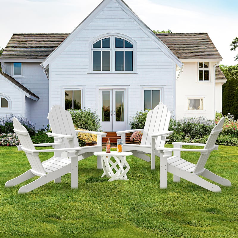 Plastic Poly Weather Resistant Outdoor Adirondack Chair Set of 4 Patio Classic Adirondack Chairs with Cup Holder - White