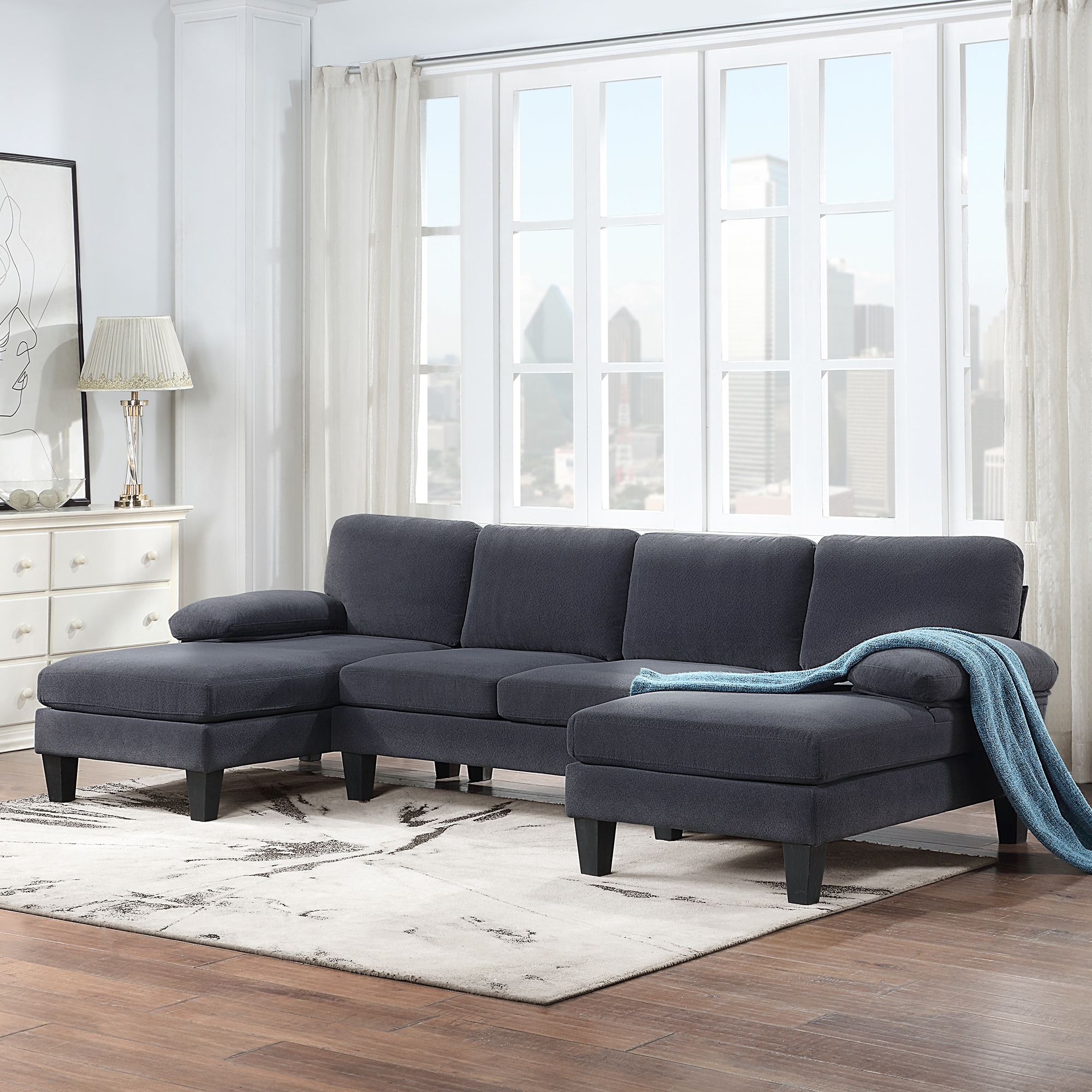 U shape Sectional with 2 Chaise Lounge Dark Gray Granular Velvet