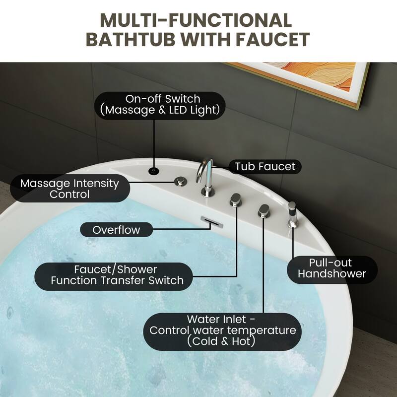 47 in. Freestanding Acrylic Whirlpool Bathtub with 6 Jets, Chromatherapy LED Lighting, 4-Hole Faucet Kit, Center Drain