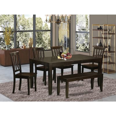 Dinette Set 6 Piece - Rectangular Table & 4 Chairs with Bench - Cappuccino Finish - 54"/66" Table