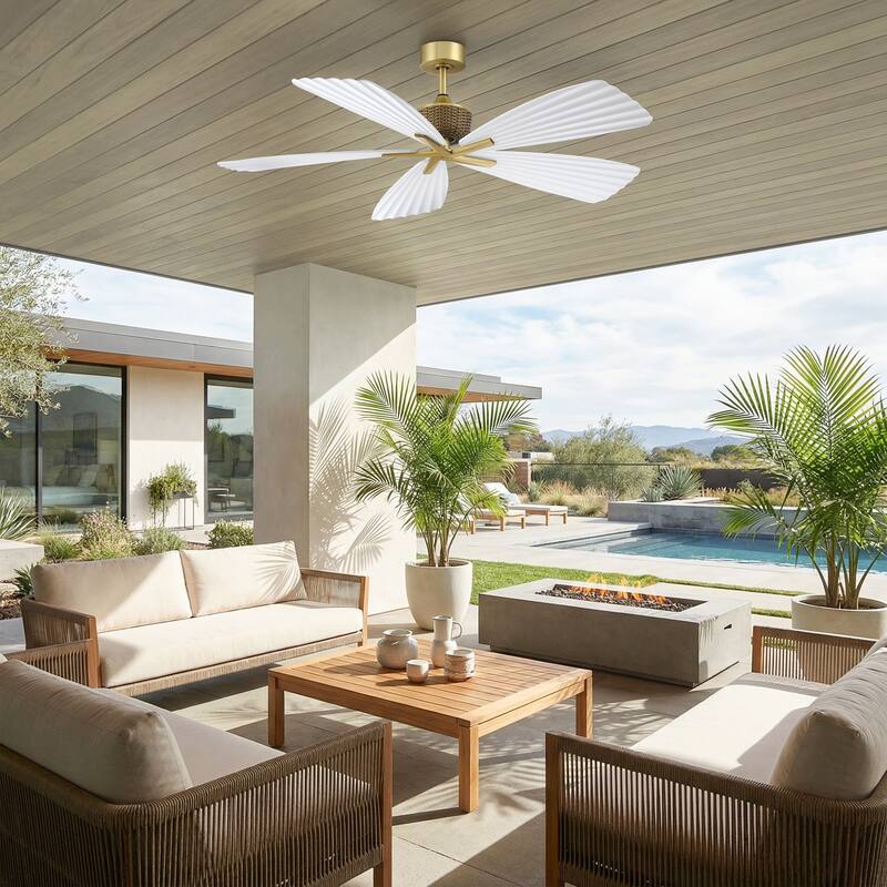 56" Tropical White Palm Leaf 5-Blade Indoor Outdoor Ceiling Fan with Remote, No Light