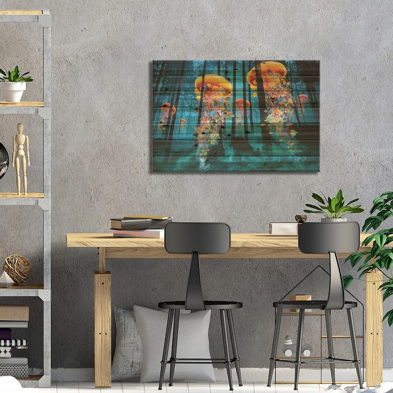 Electric Jellyfish In A New Blue Forest Print On Wood by David Loblaw - Multi-Color
