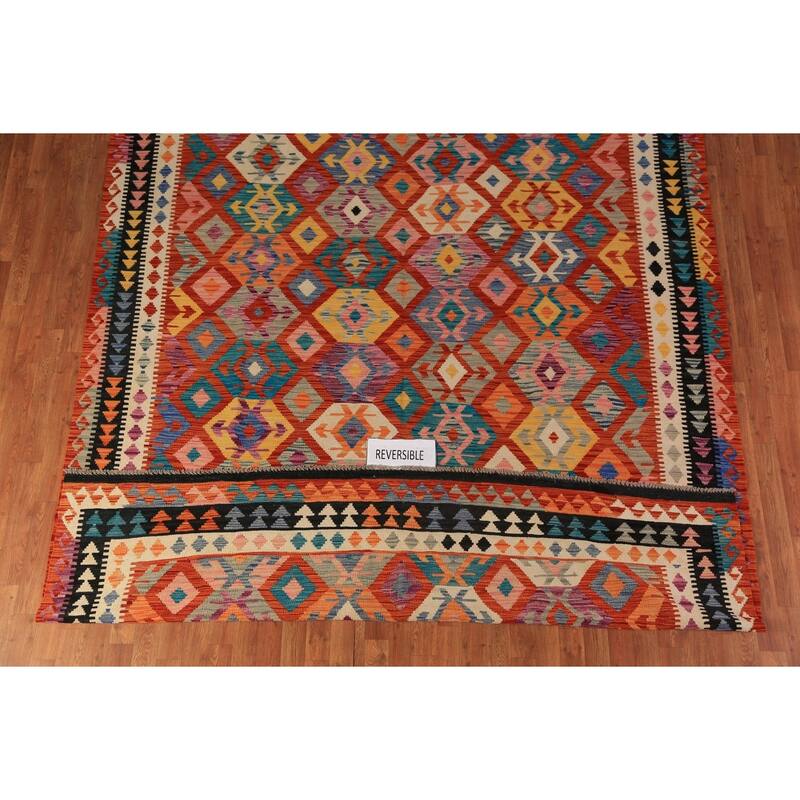 Geometric Kilim Reversible Area Rug Hand-Woven Tribal Wool Carpet - 8'3"x 11'5"