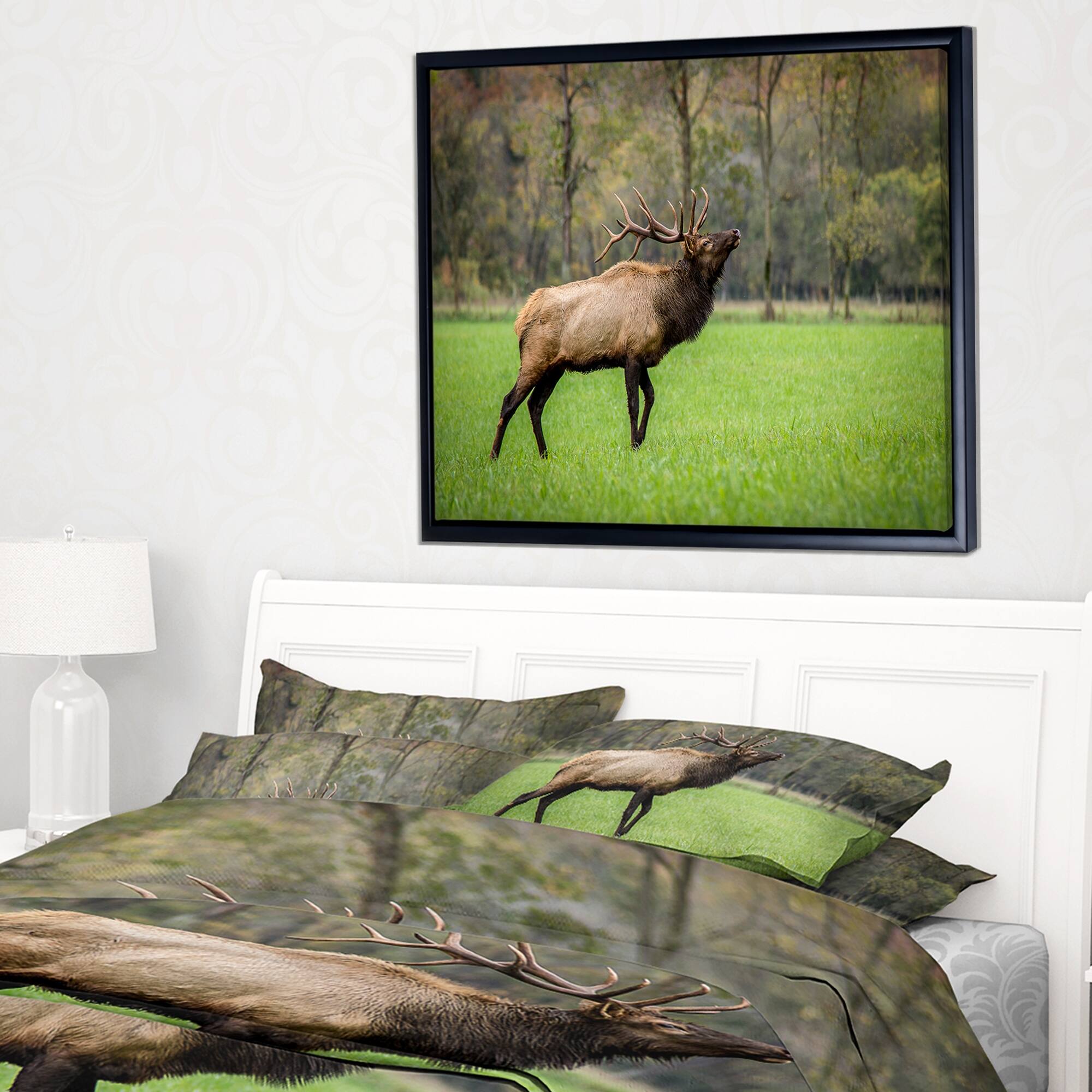 Designart "Trophy Bull Elk in Green Grassland" Large Animal Framed