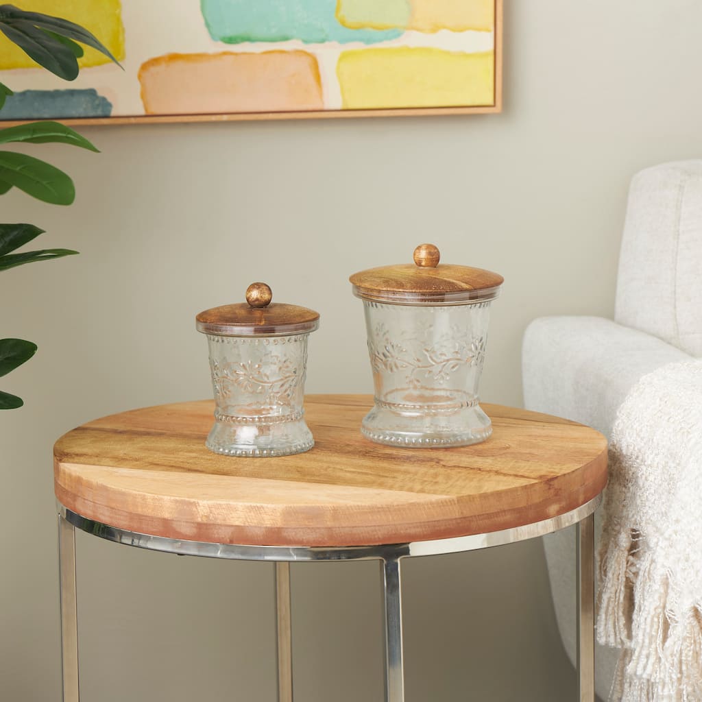 Clear Glass Beaded Floral Living Room Decorative Jars with Brown Wooden Lids and Round Knobs (Set of 2)