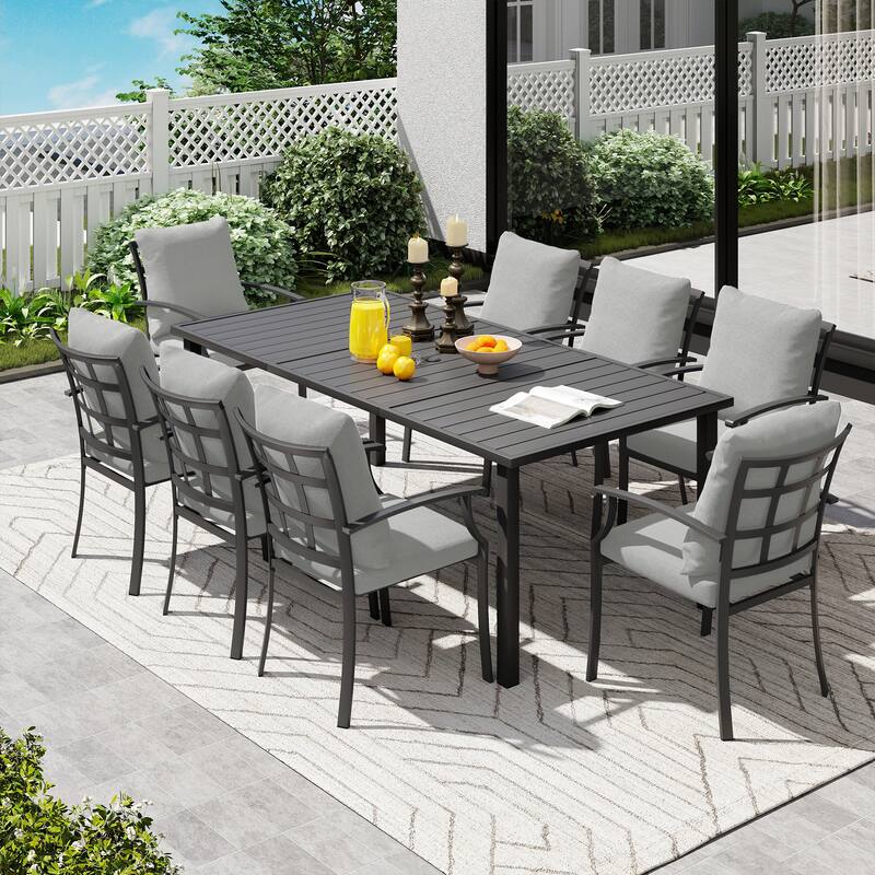 IvyGlow 9-Piece Black Metal Patio Dining Set with Rectangular Table and Gray Cushions