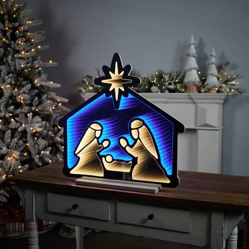 LED Lighted Nativity Scene Christmas Infinity Mirror - 24.75" - Blue and White
