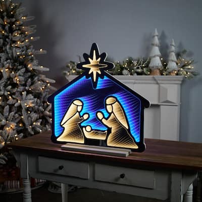LED Lighted Nativity Scene Christmas Infinity Mirror - 24.75" - Blue and White