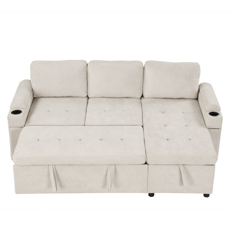 L-Shaped Convertible Sofa Bed with Reversible Chaise Lounge, Chenille Fabric Sectional Sofa with 2 Cup Holders & 2 USB Ports