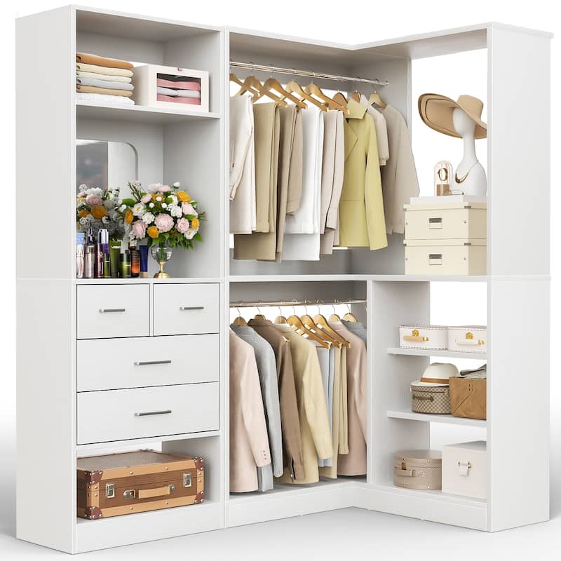 Cimly Set of 2 Corner Closet System with Drawers, Closet Organizer with Hanging Rods and Storage Shelves