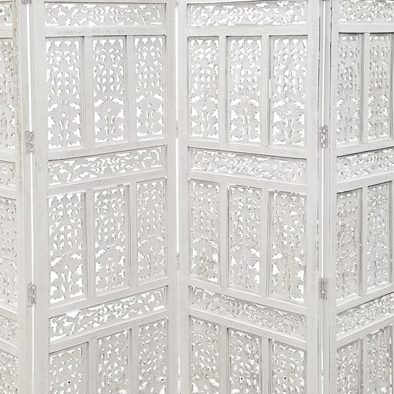 Aesthetically Carved 4 Panel Wooden Partition Screen/Room Divider, Distressed White