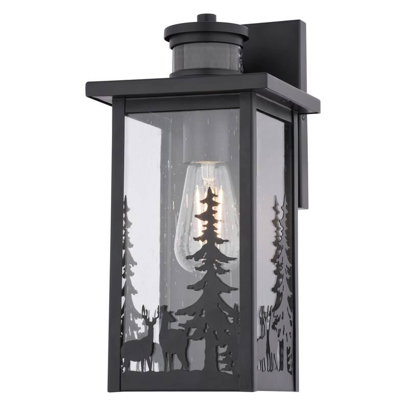 VAXCEL Acadia Matte Black Rustic Wildlife Motion Sensor Dusk to Dawn Outdoor Wall Sconce Light Fixture, Clear Seed Glass