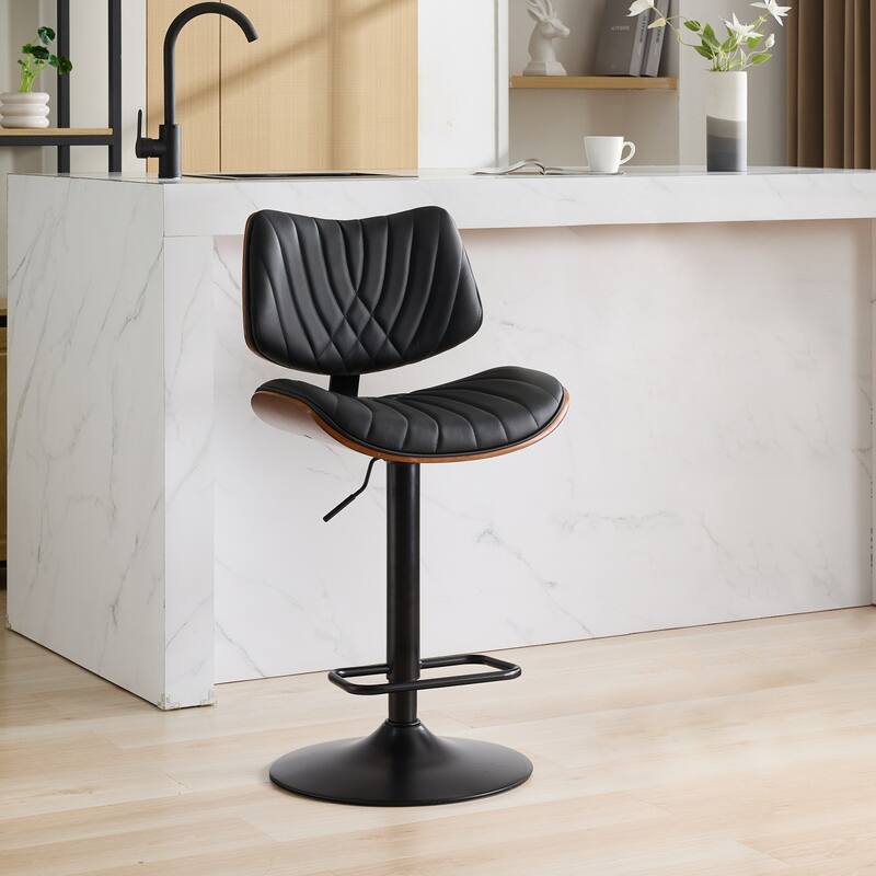 Roomfitters Mid-Century Adjustable Swivel Bar Stool, Walnut Bentwood PU Leather Counter Chair with Ergonomic Back