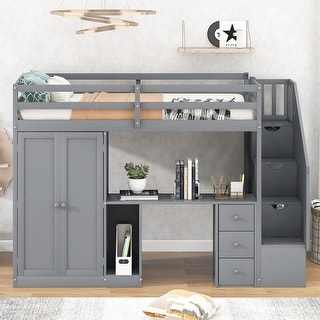 Twin Loft Bed with Wardrobe, Desk, and Storage Staircase, All-in-One Solution