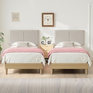 Javlergo Upholstered Platform Bed Frame with 2 USB Charging Station & Adjustable Headboard, Kids Bed Set of 2
