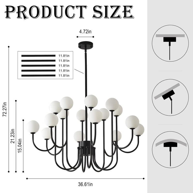 16 Lights Black Sputnik Chandelier 49in Modern Chandelier Mid Century Chandelier with Milk Glass Globe Shades - 36.61