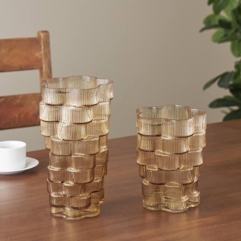 Glass Ribbed Stacked Flower Decorative Vase - Set of 2 Brown or Blue - Roche River Decor