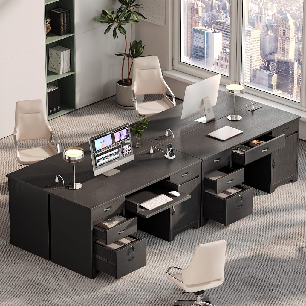 Bestier 59" Rectangular Black Executive Desk with Lockable File Drawer and Power Outlet, Office Desk with 2-in-1 Keyboard Drawer