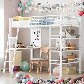 Modern Twin Size Loft Bed with 3 Layers of Shelves and Desk with Whiteboard and Metal Frame for Bedroom
