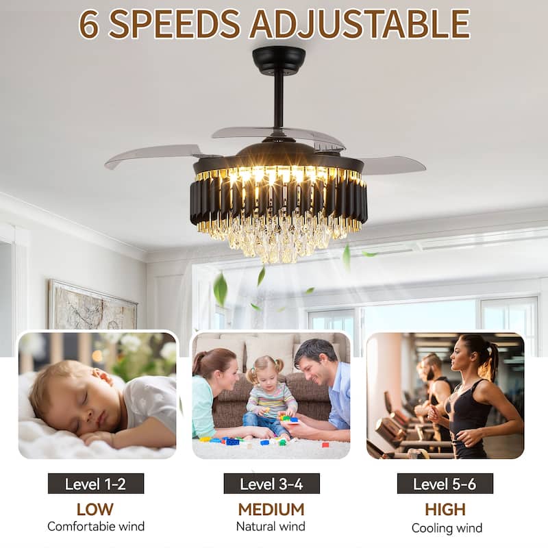 48" Crystal Fandelier Ceiling Fan with Light and Retractable Blades LED Dimmable for Bedroom Living Room - 48 Inches