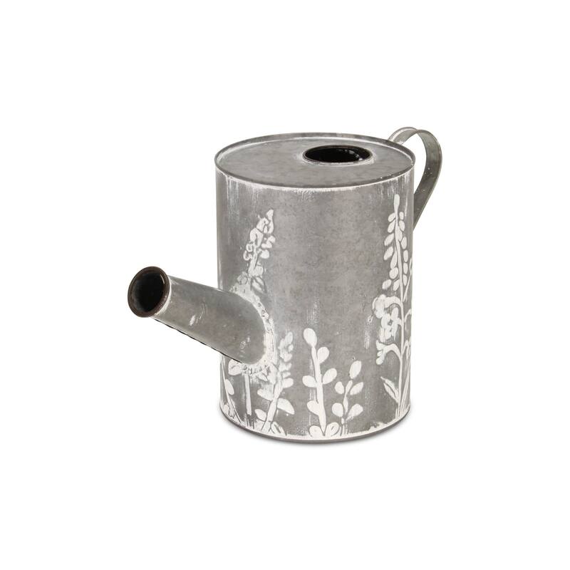 HomeRoots 8" Gray And White Galvanized Metal Flowers Hand Painted Decorative Watering Can - 13.25 in. x 8.25 in. x 6.25 in.