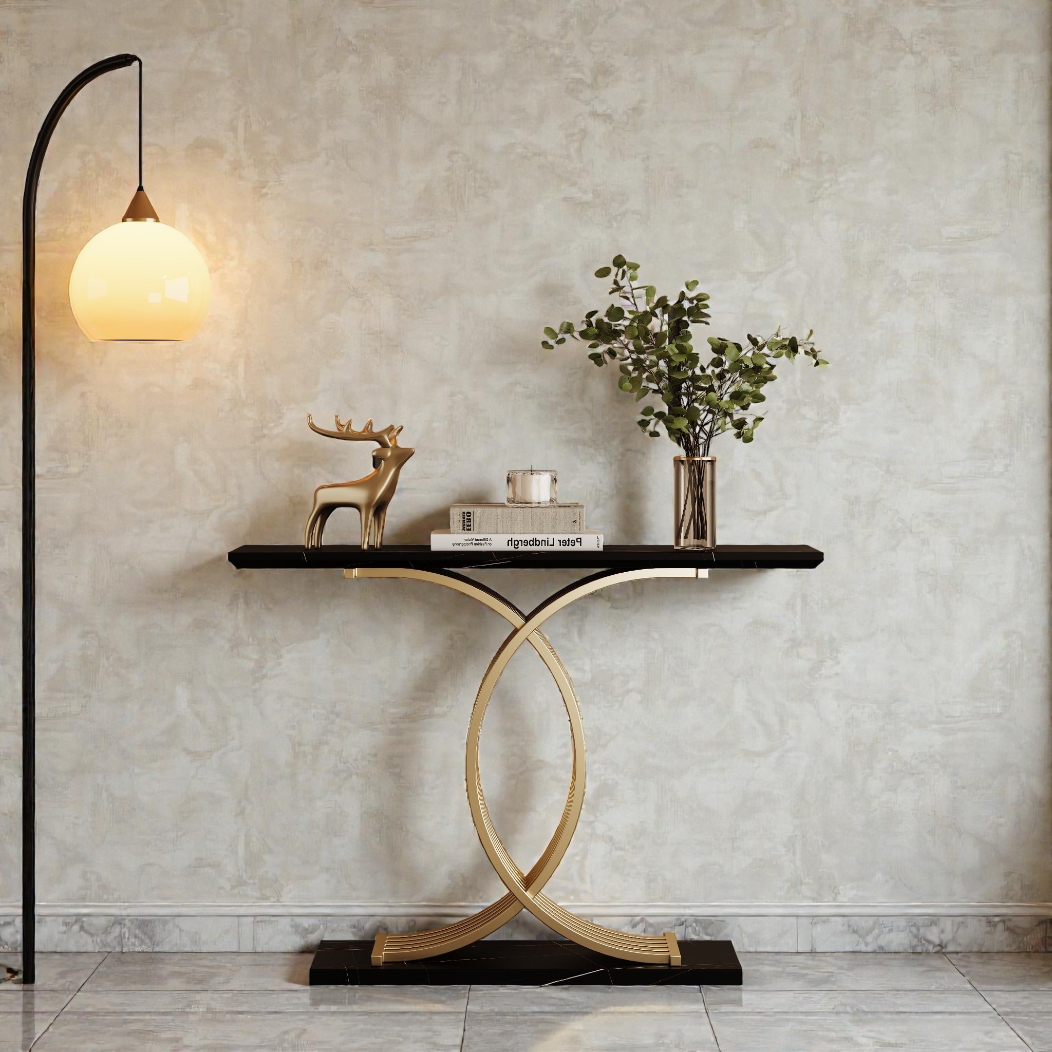 Narrow Accent Console Table with Cross Metal Frame, Luxury Entryway Table with MDF Top for Hallway or Living Room - MDF+Metal