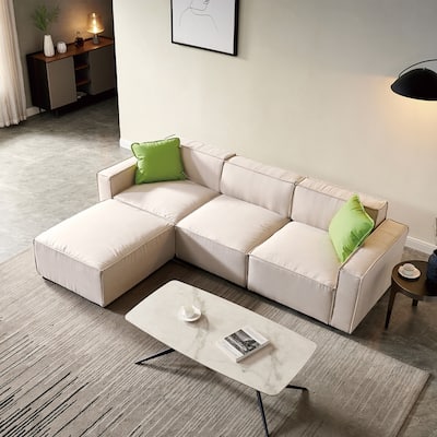 102" L Shaped Modular Sectional Sofa with Convertible Ottoman Chaise & 2 Pillows, Linen Fabric 4-Seat Couch Sofa for Living Room