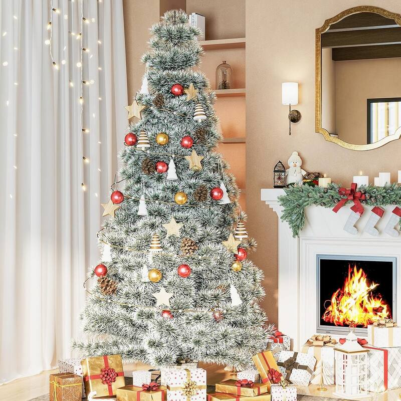 7.5ft Pre-lit Artificial Christmas Tree, Prelighted Artificial Hinged Spruce Xmas Tree 1000 Branch Tips, 450 Incandescent Lights - Green&White