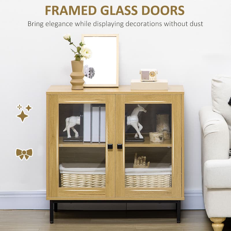 HOMCOM Kitchen Cabinet, Floor Storage Cabinet with Double Glass Doors, Metal Legs, Oak