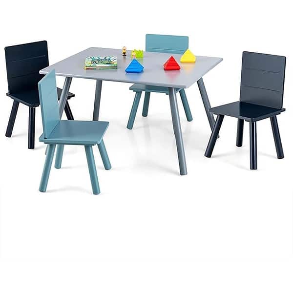slide 2 of 6, 5 PCS Kids Wooden Activity Table 4 Chairs Play Set w/ Building Blocks Gray+Blue