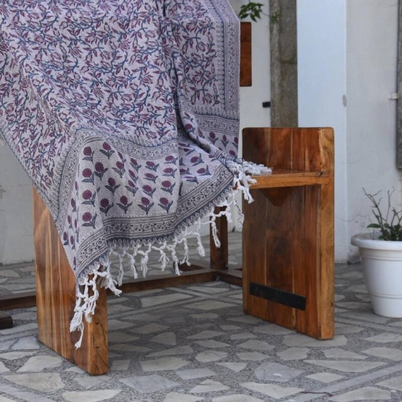Fabdivine Kamal Dutta Handwoven Cotton Throw Blanket - Floral Block Print, Cozy Sofa & Bed Accent with Natural Fringe, 90"x54"