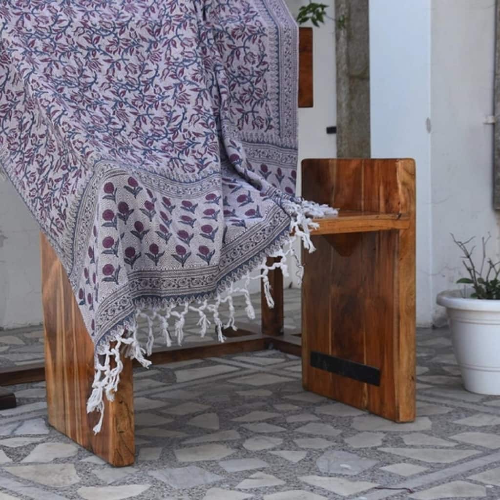 Fabdivine Kamal Dutta Handwoven Cotton Throw Blanket - Floral Block Print, Cozy Sofa & Bed Accent with Natural Fringe, 90"x54"