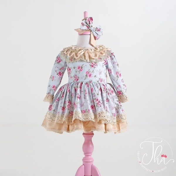 slide 2 of 8, Floral Print Lace Guipure Special Occasion Baby Dress Set