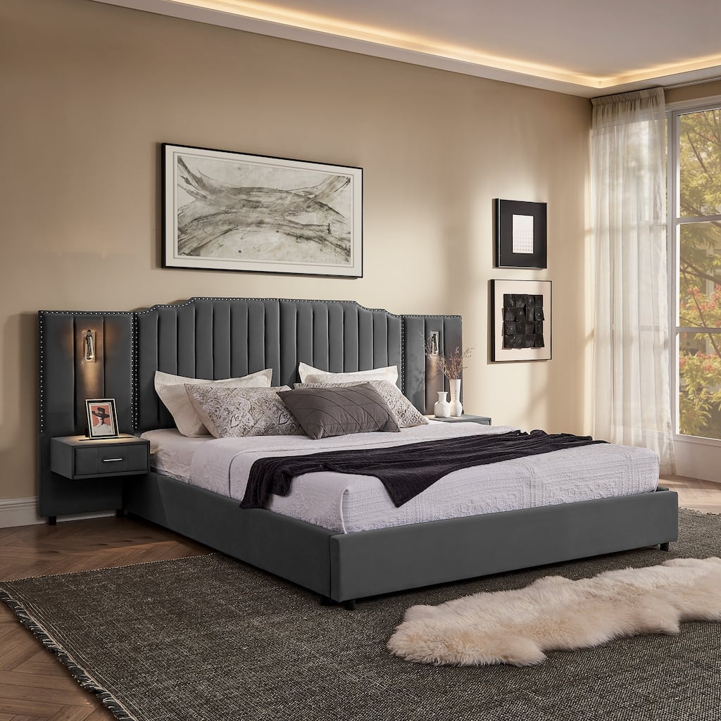 King Size Upholstered Velvet Fabric Bed with Buttons Around and Bedside Table
