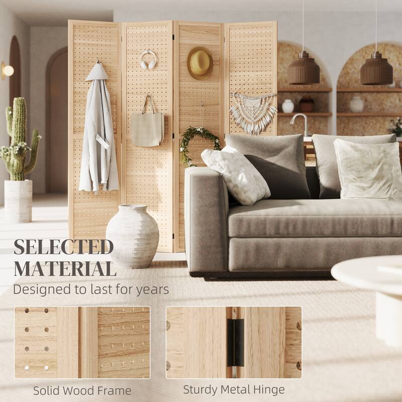 Natural Paulownia Wood Room Divider 4-Panel Rustic Folding Screen - 63" W x 0.75" D x 66.9" H