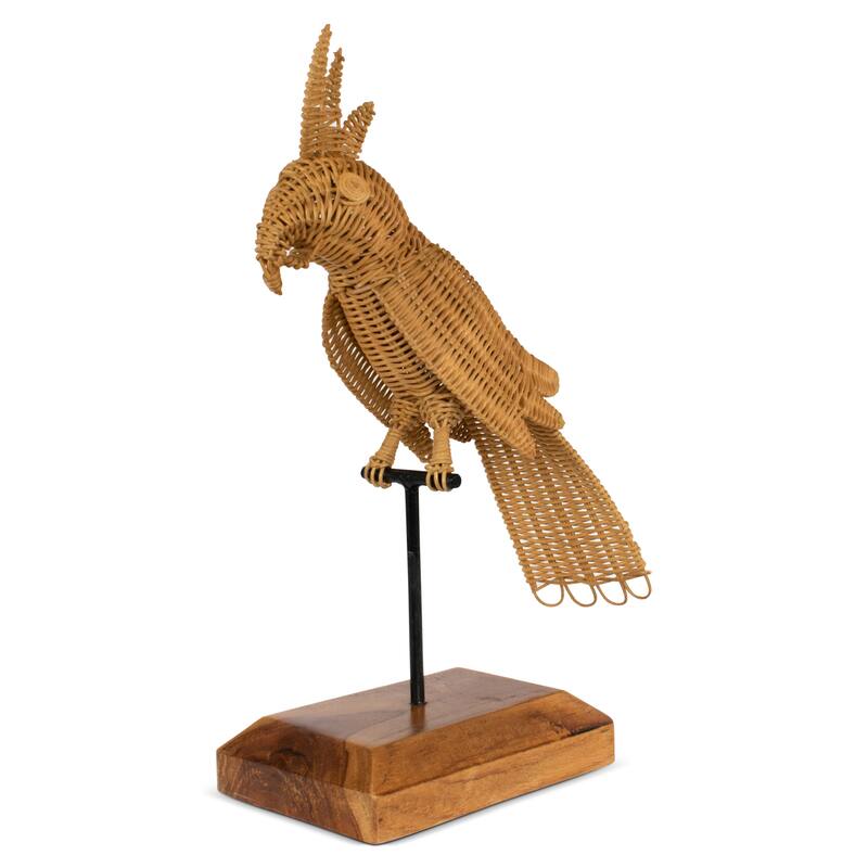 Rattan Cockatoo Parrot Sculpture - Hand Woven Tropical Decor, Boho Bird Accent on Wood Stand - 17" tall x 10" wide x 5" deep