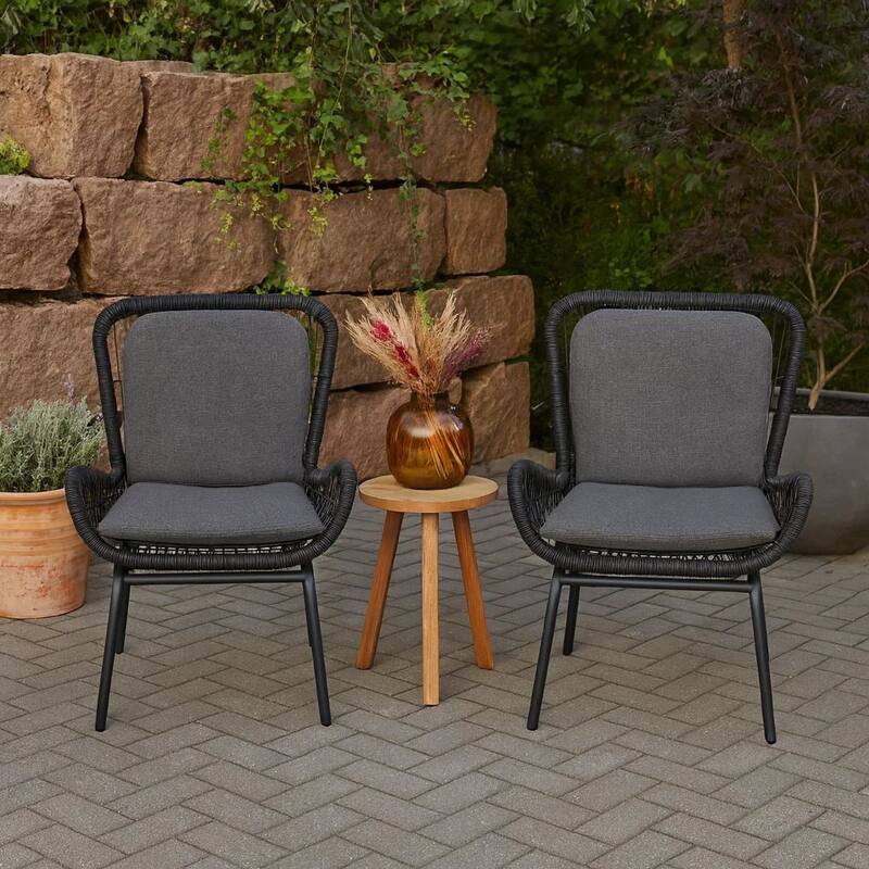 Patio Accent Chair Set of 2, Open Wicker, Round Edge, Black Iron, Gray