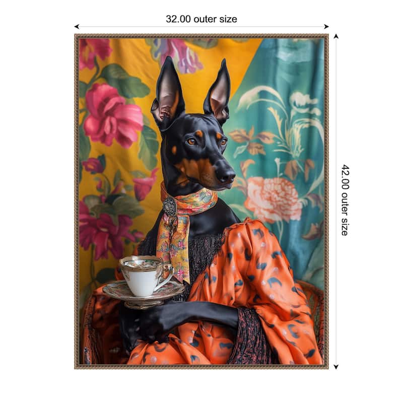 The Tea Connoisseur Doberman by Mowzu Framed Canvas Wall Art - 32 x 42 in