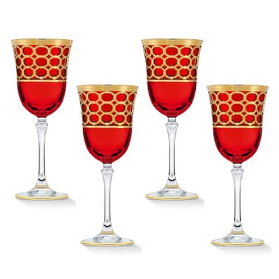 Lorren Home Trends Deep Red Colored White Wine Goblet with Gold Rings, Set of 4