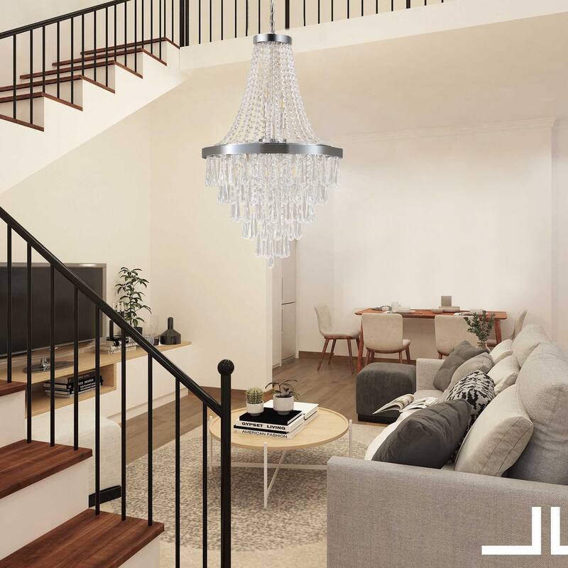 20" Chrome Crystal Chandelier with Adjustable Height, Modern Ceiling Light Fixture for Living Room, Dining Room, Staircase