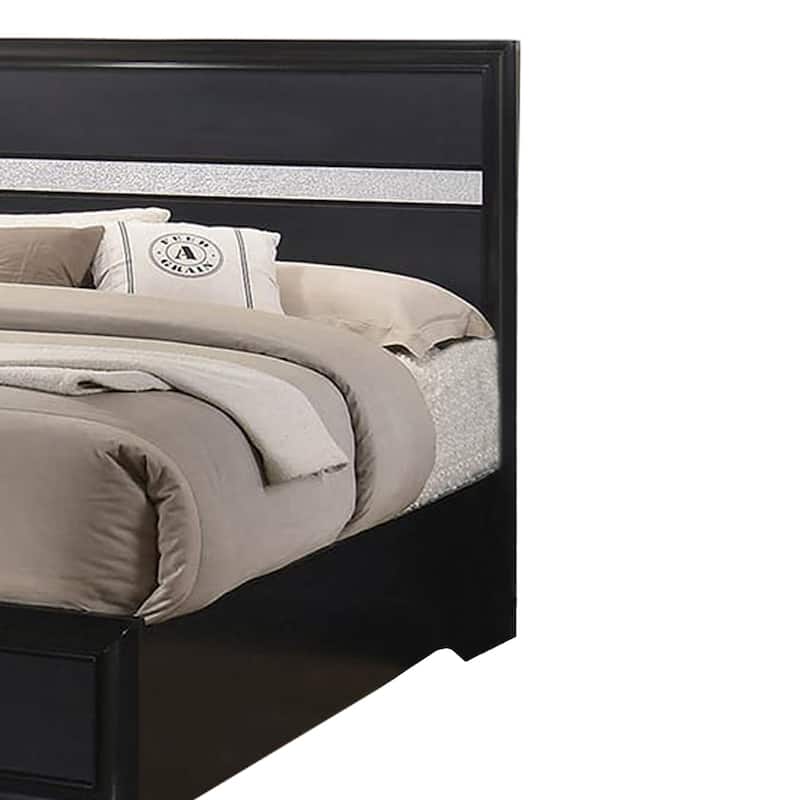 Wooden California King Size Bed with 2 Storage Drawers, Black and Silver
