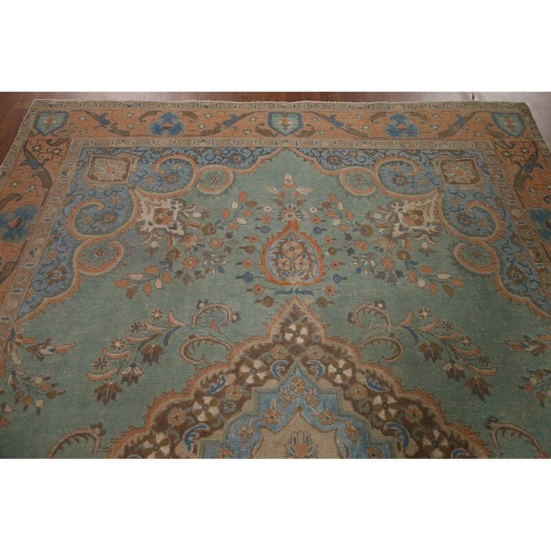 Turquoise Green Tabriz Persian Vintage Area Rug Handmade Wool Carpet - 7'6" x 10'10"